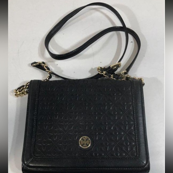 Women’s Tory Burch Elegant Black Quilted Leather Fold Over Crossbody Bag